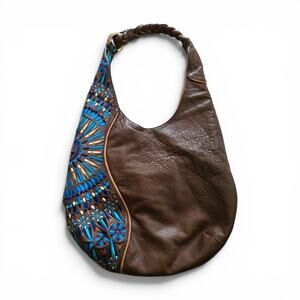Isabella Fiore Leila Brown Leather Mosaic Embroidered Hobo Purse Shoulder Bag